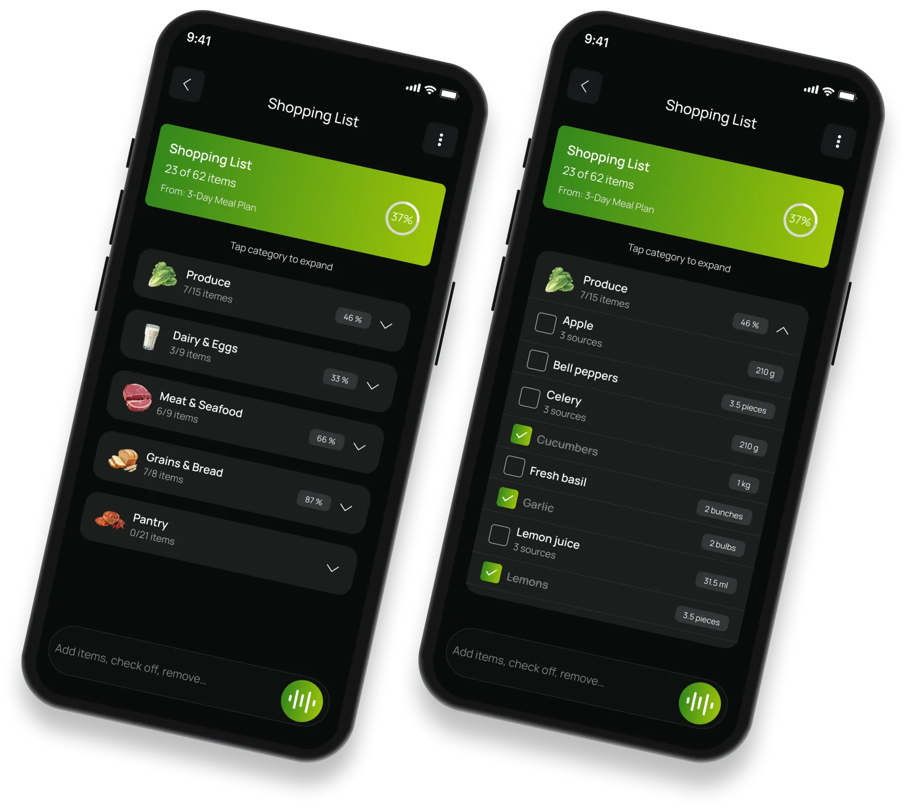 Shopping list screens